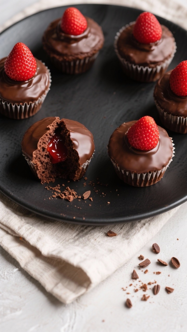 Tasty top view: Overhead shot of assembled chocolate covered strawberry cupcakes on a matte black pl