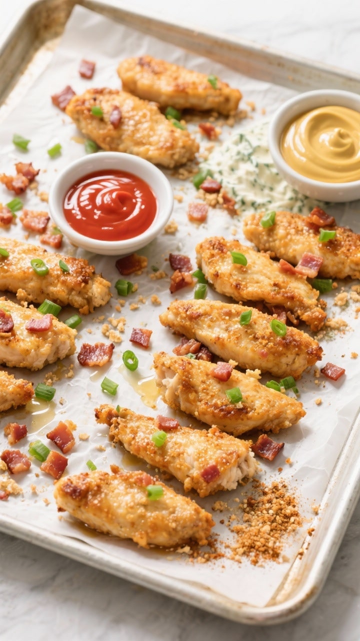 Tasty top view: Overhead shot of baked crack chicken tenders arranged on a parchment-lined sheet pan