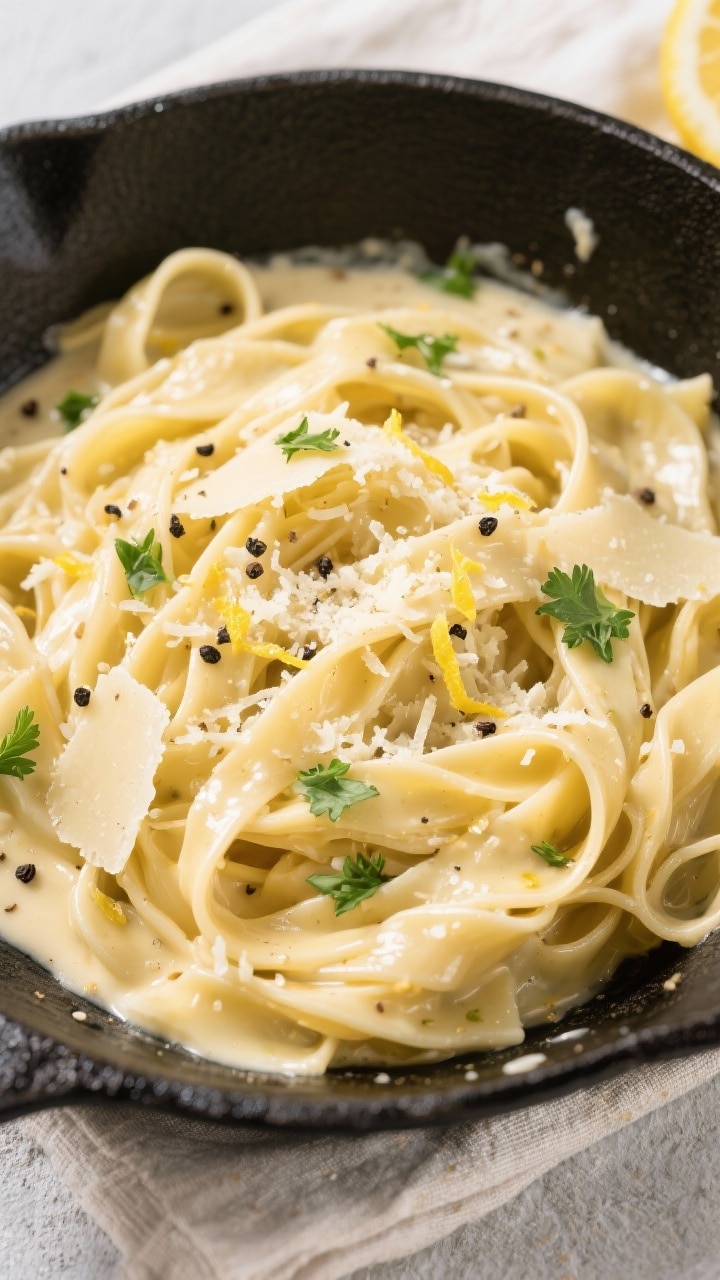 Tasty top view: Overhead shot of creamy garlic tagliatelle just finished in the pan—sauce glossy a