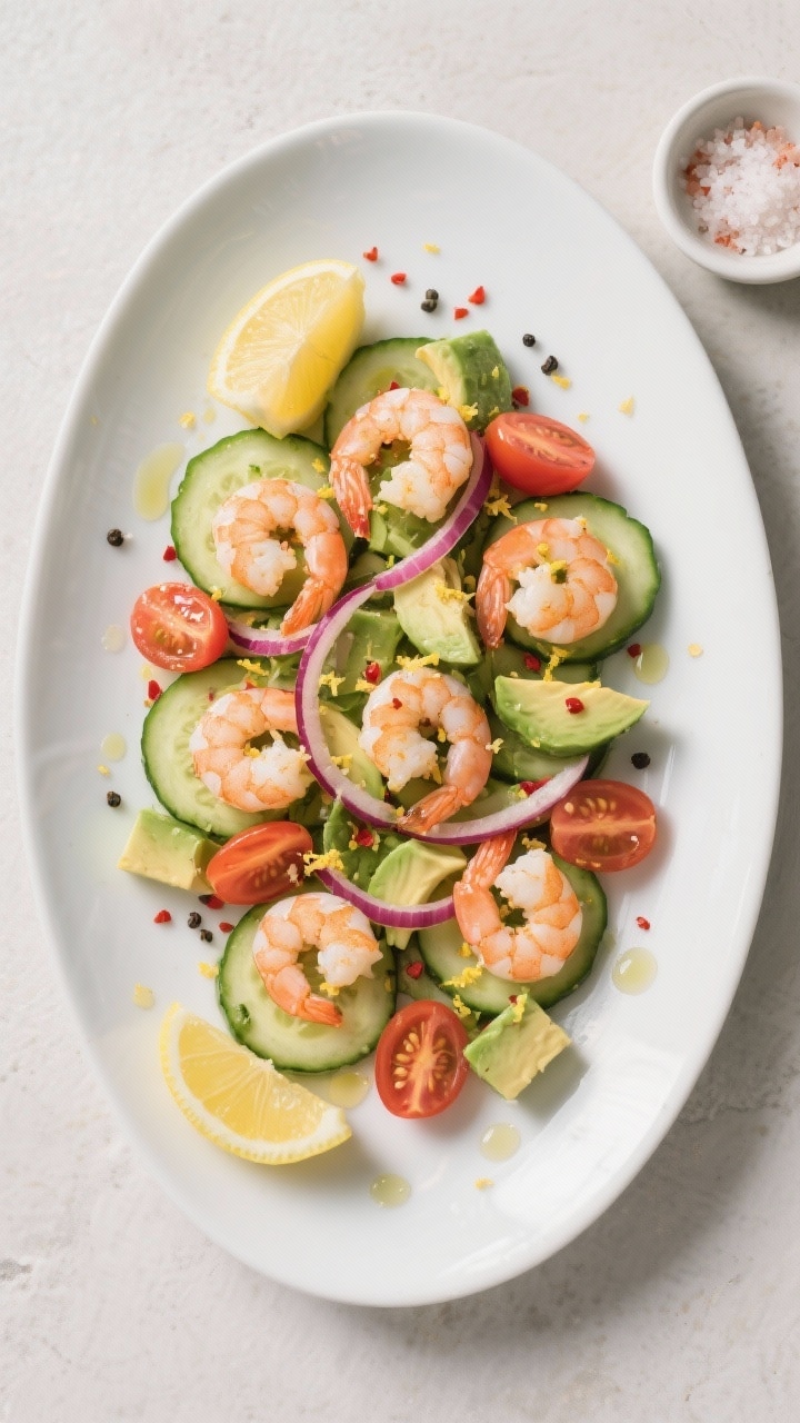 Tasty top view: Overhead shot of cucumber shrimp salad plated on a wide white ceramic platter, evenl