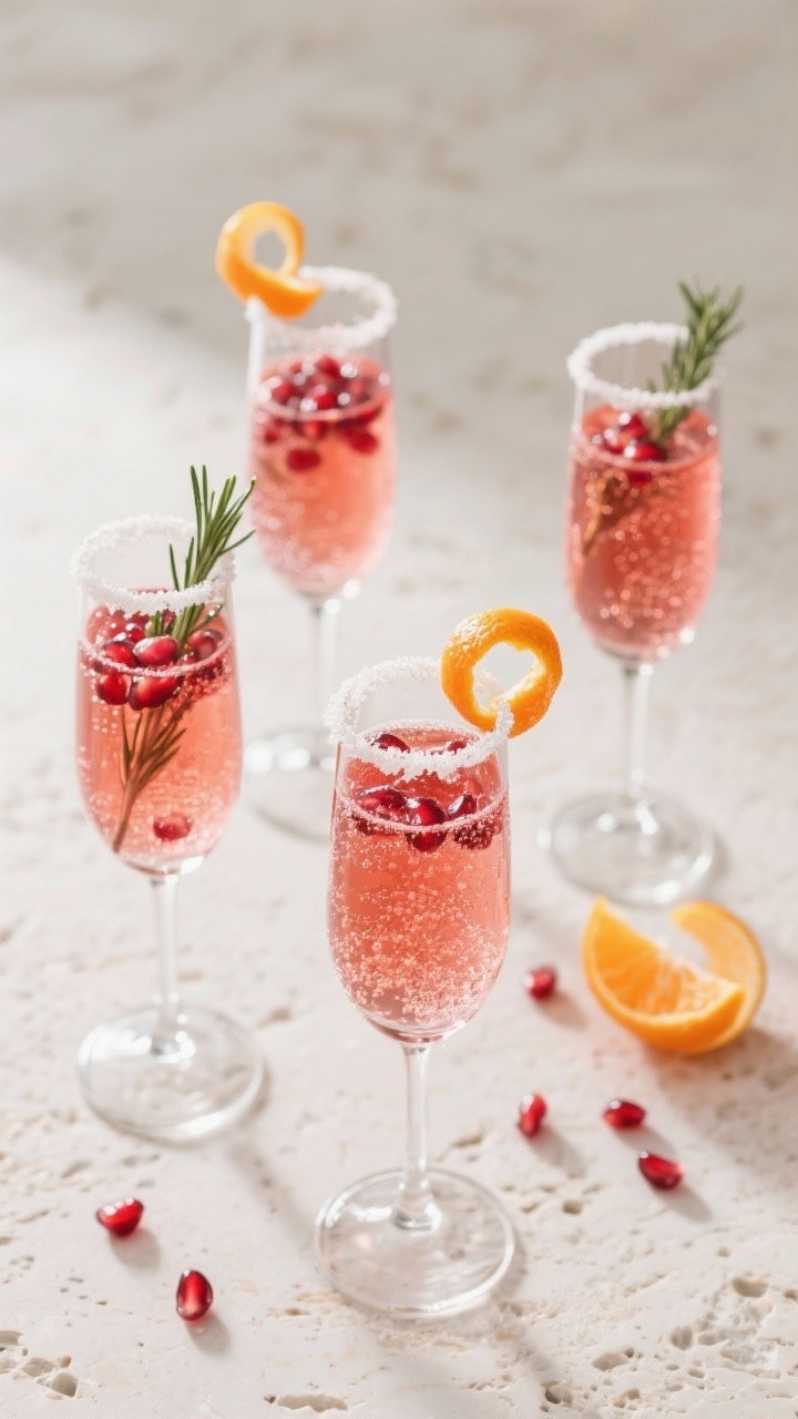 Tasty top view: Overhead shot of four flutes arranged on a light stone surface, filled with the New