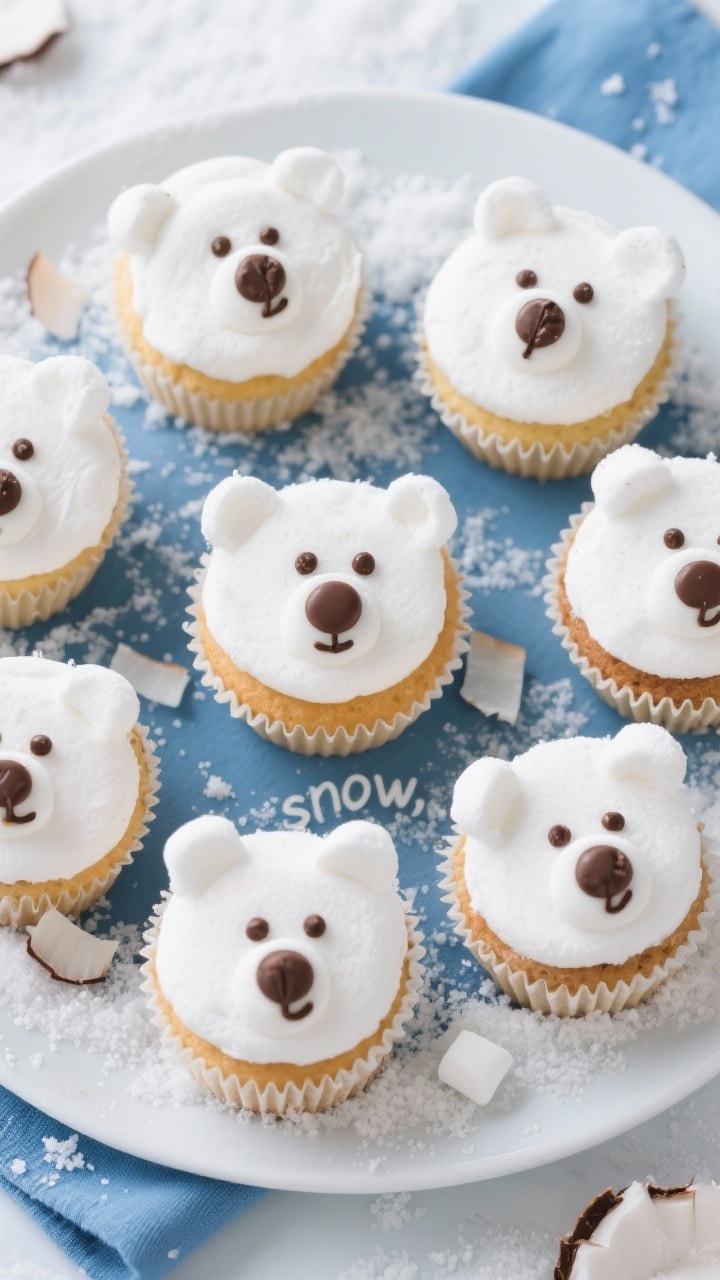 Tasty top view: Overhead shot of fully decorated Polar Bear Cupcakes arranged in a loose cluster on 