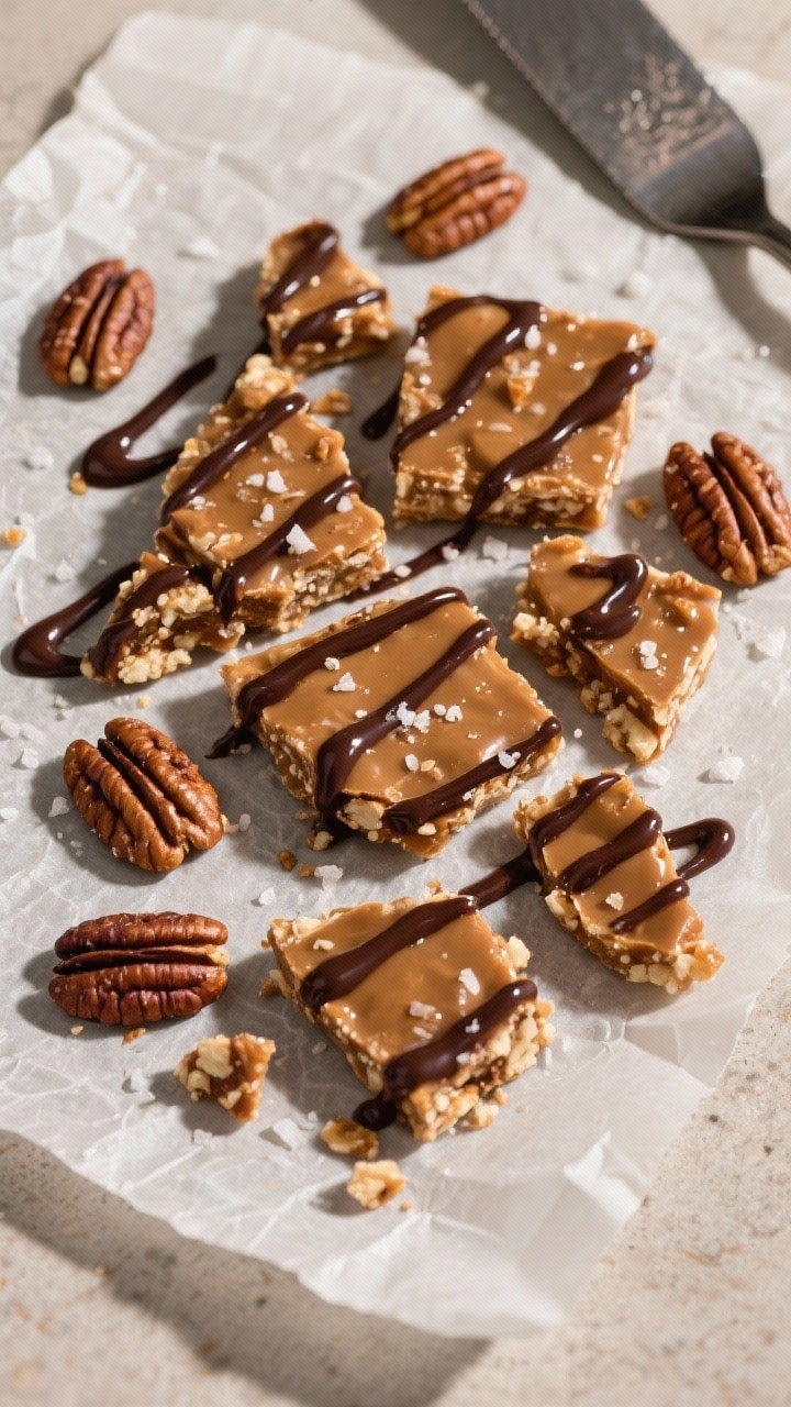 Tasty top view: Overhead shot of praline crunch broken into irregular pieces on a silicone mat, dark