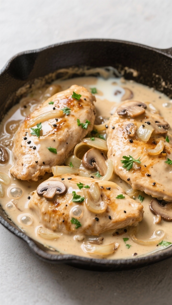 Tasty top view: Overhead shot of smothered chicken simmering in the skillet—cutlets nestled in sil
