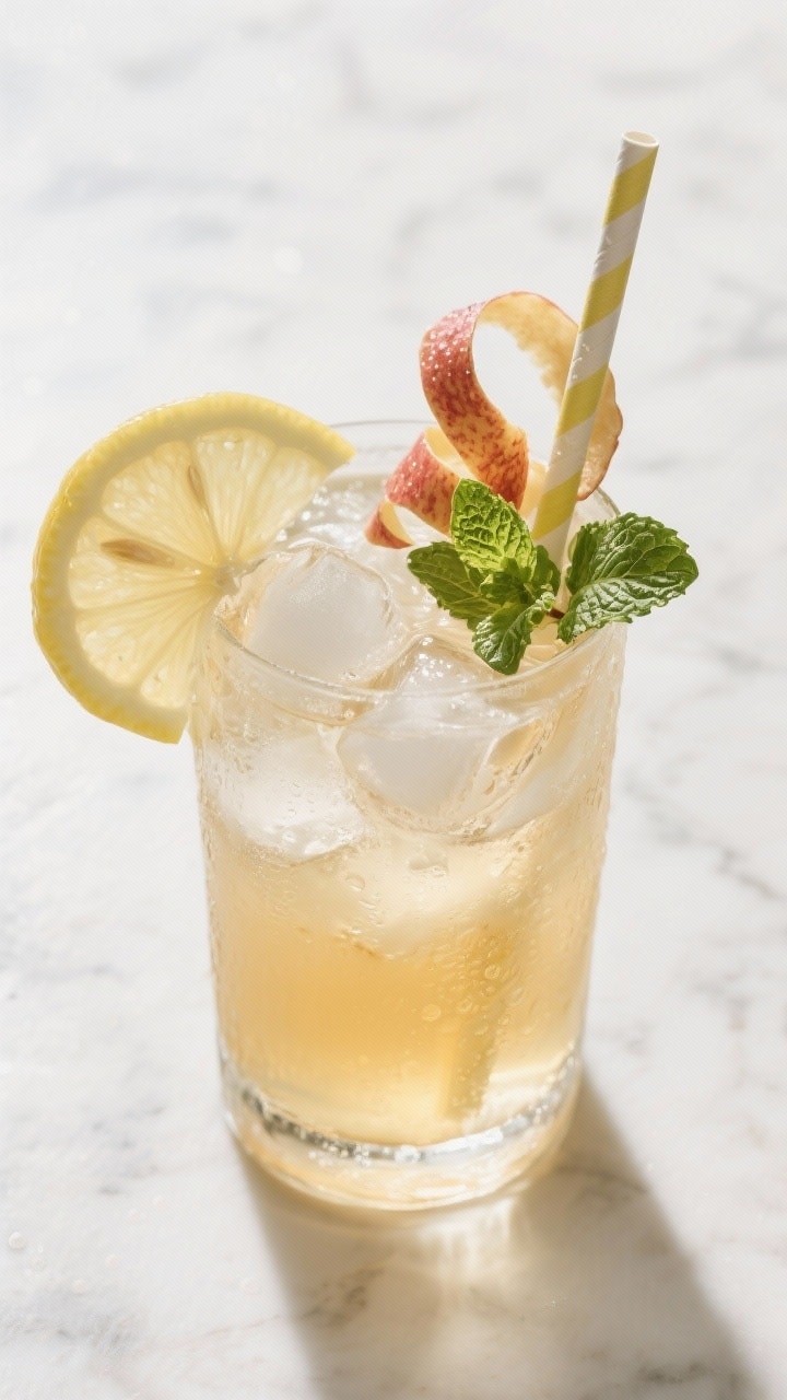 Tasty top view: Overhead shot of the finished apple peel tea served iced—tall clear glass filled w