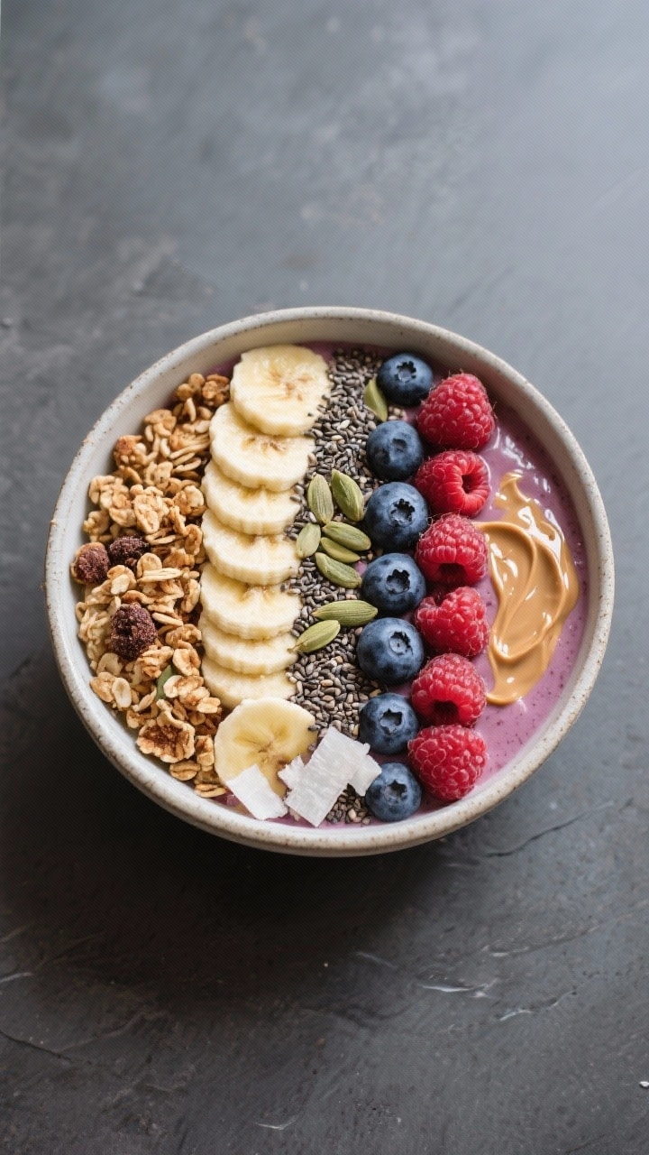 Tasty top view: Overhead shot of the finished Berry Coconut Smoothie Bowl, topped with neat rows of 