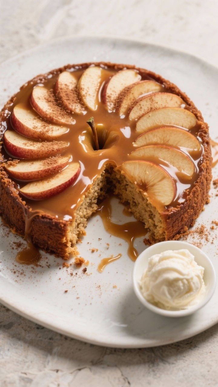 Tasty top view: Overhead shot of the finished caramel apple upside down cake with concentric fans of