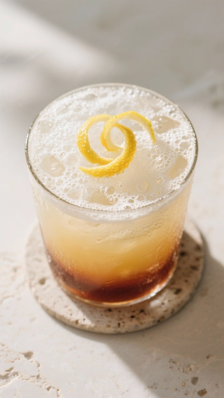 Tasty top view: Overhead shot of the finished Citrus Bitters Fizz topped with chilled soda water, sh
