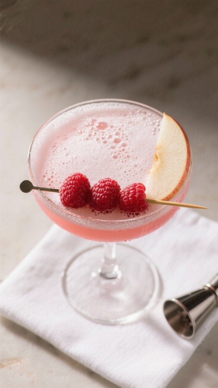 Tasty top view: Overhead shot of the finished pink lady mocktail double-strained into a coupe, toppe