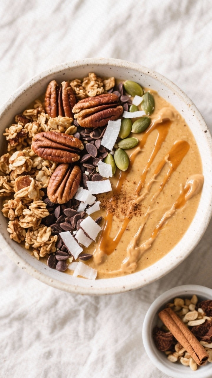Tasty top view: Overhead shot of the finished Pumpkin Pie Smoothie Bowl topped generously with crunc