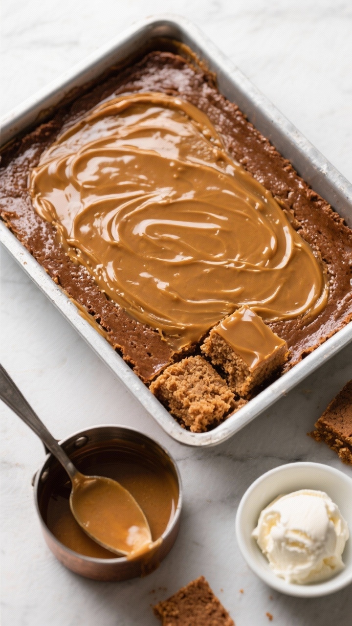 Tasty top view: Overhead shot of the full pudding in an 8-inch square metal pan immediately after so