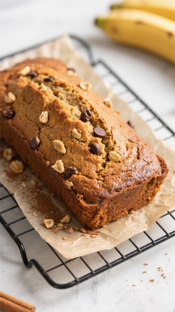 Tasty top view: Overhead shot of the fully baked peanut butter banana bread cooling on a wire rack, 