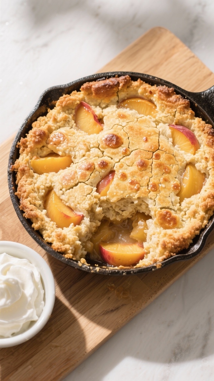 Tasty top view: Overhead shot of the whole cobbler in a cast-iron skillet version, deeply golden and