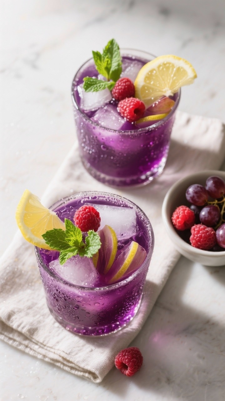 Tasty top view: Overhead shot of two finished grape raspberry mocktails, deep purple with a jewel-li