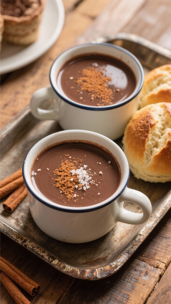 Tasty top view: Overhead shot of two mugs of finished champurrado, velvety and drinkably thick with