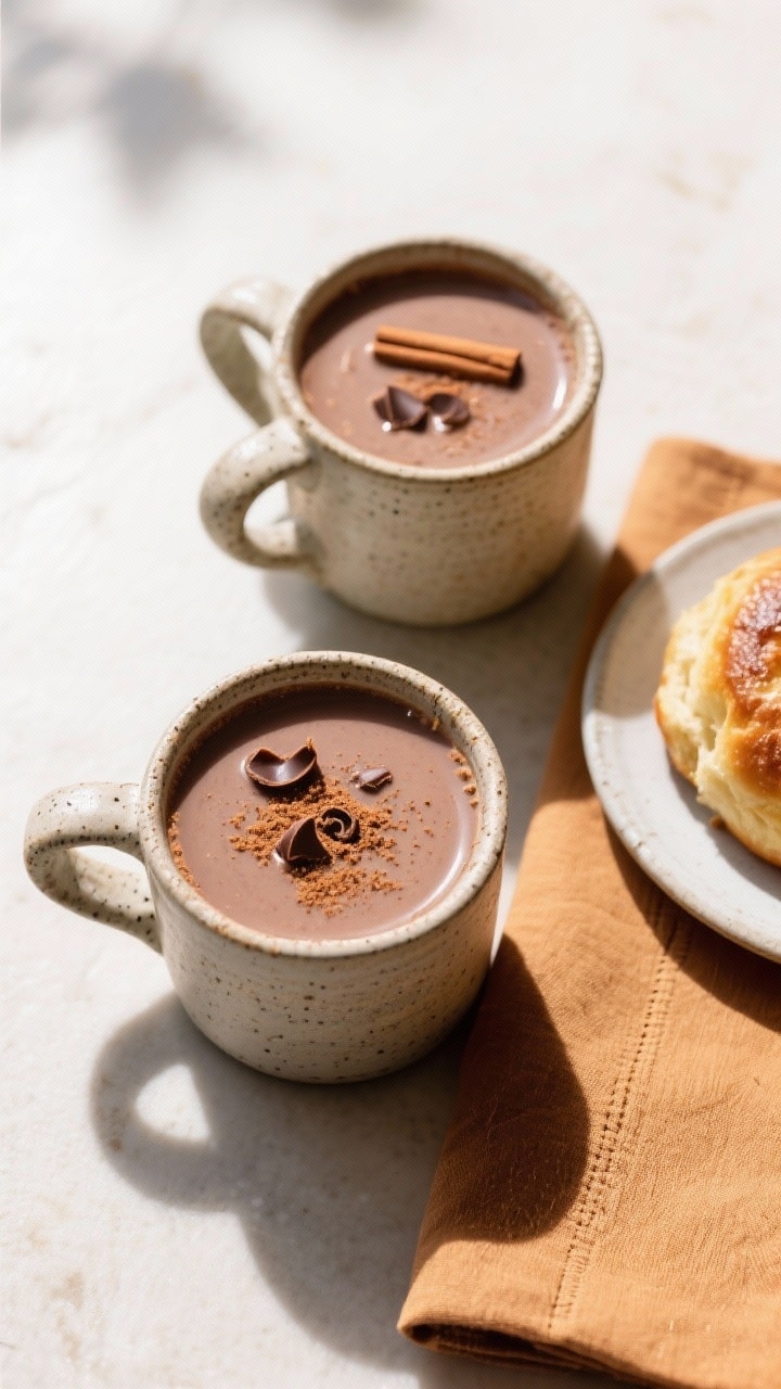 Tasty top view: overhead shot of two stoneware mugs filled with creamy, drinkable-thick champurrado,