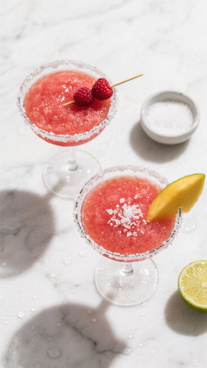 Tasty top view: Overhead shot of two sugar-rimmed margarita glasses filled with the vibrant raspberr