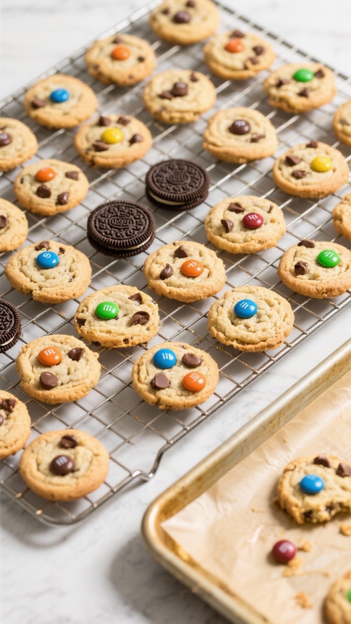 Tasty top view: Overhead spread of a cooling rack filled with finished cookies, consistent spacing s