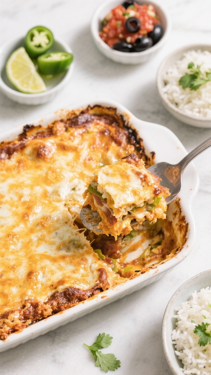 Tasty top view: Overhead table spread featuring the baked casserole in its dish with lightly browned