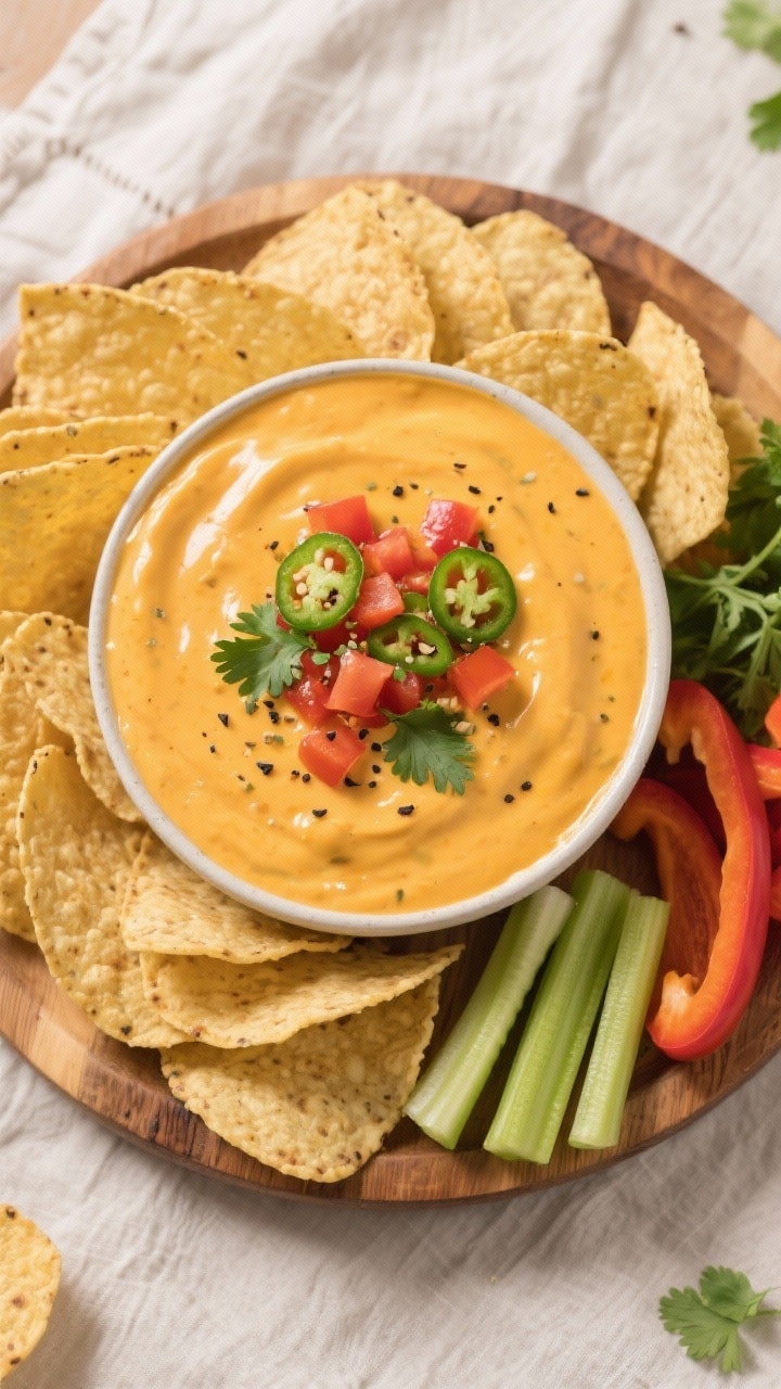 Tasty top view, party-ready: Overhead shot of a warm serving bowl of finished Velveeta queso dip, ul