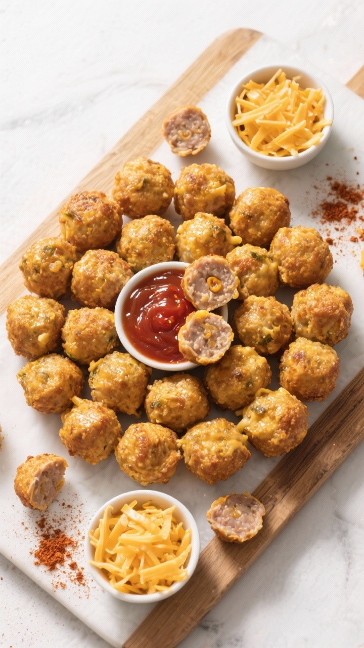 Tasty top view: Party-style board with sausage balls arranged in a circular pattern, golden and glis