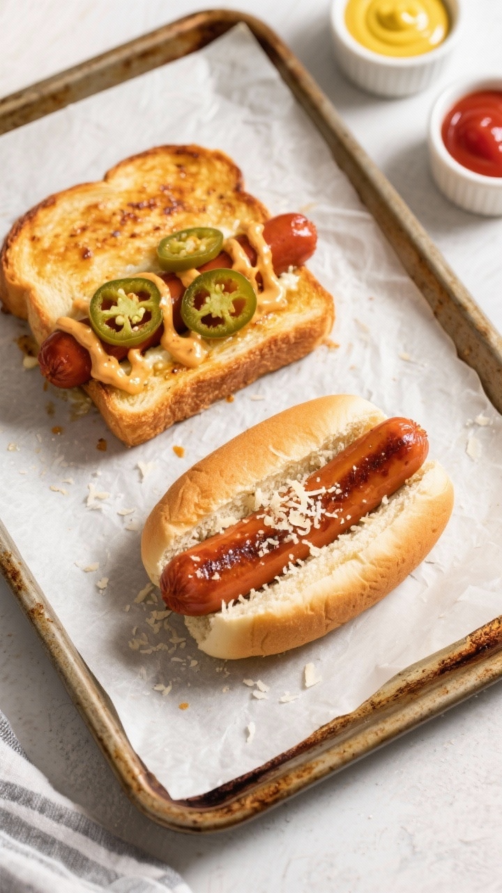 Tasty top view: Sheet-pan oven method scene—two grilled cheese hot dogs baked and flipped, showcas