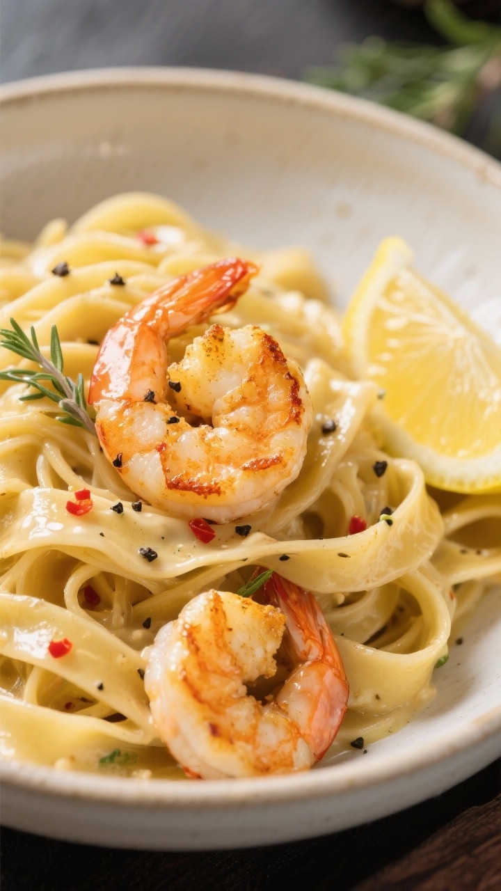 Variation spotlight close-up: Lemon Pepper Shrimp tagliatelle variation—seared shrimp with golden